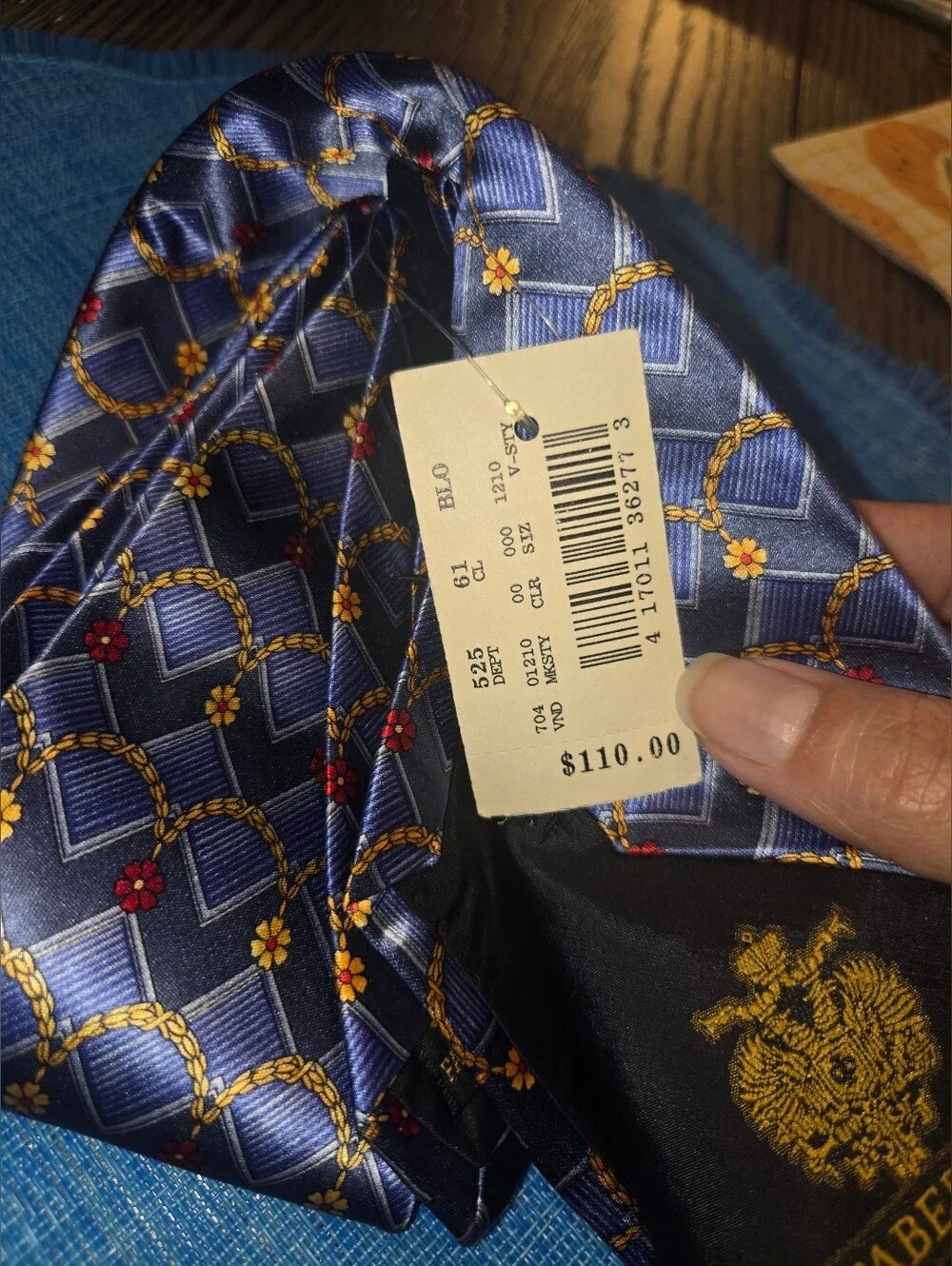 NWT Faberge Men's Blue Patterned Silk Tie with Floral Accents